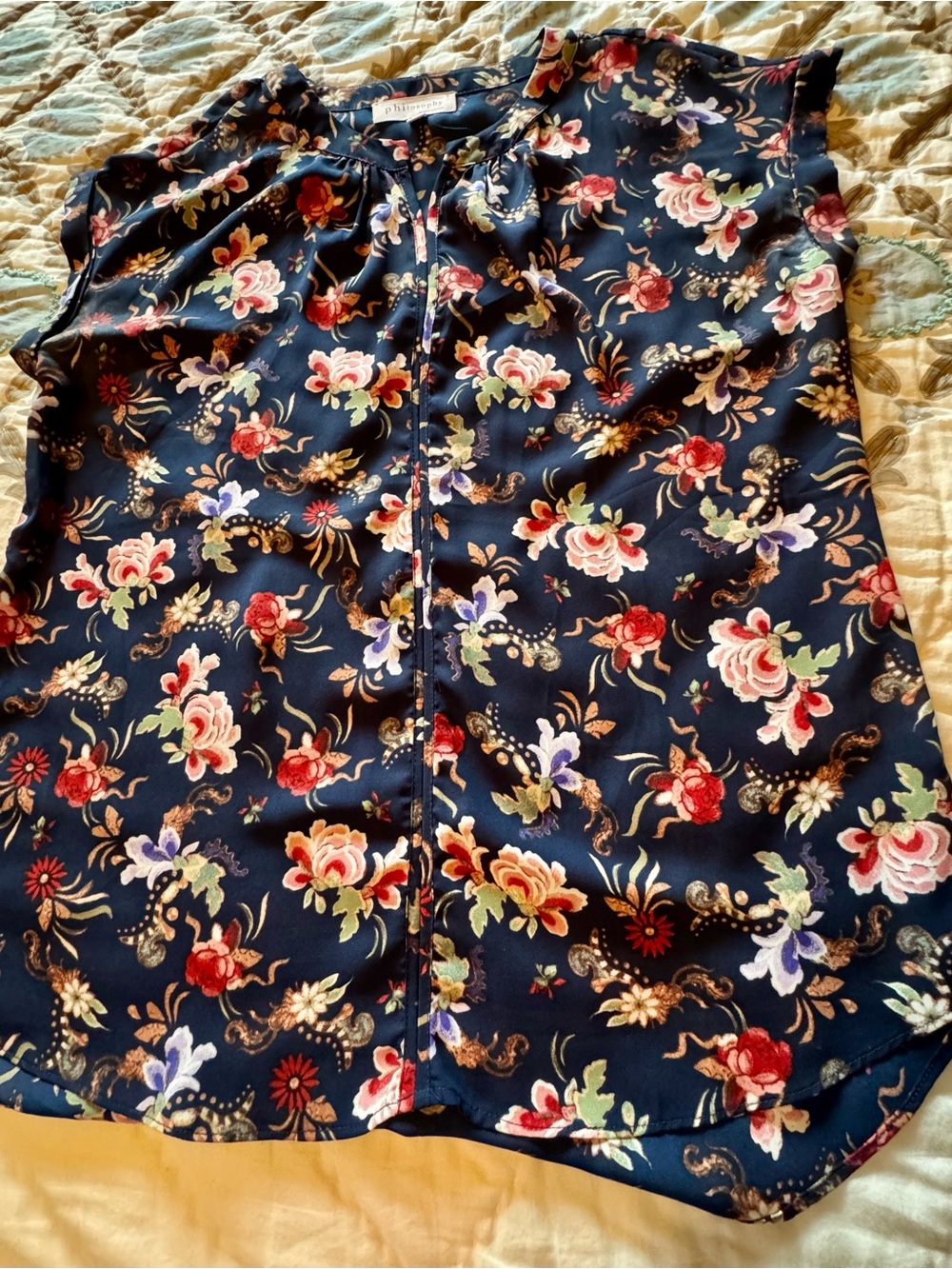 Philosophy Navy Floral Zip Front Sleeveless Blouse